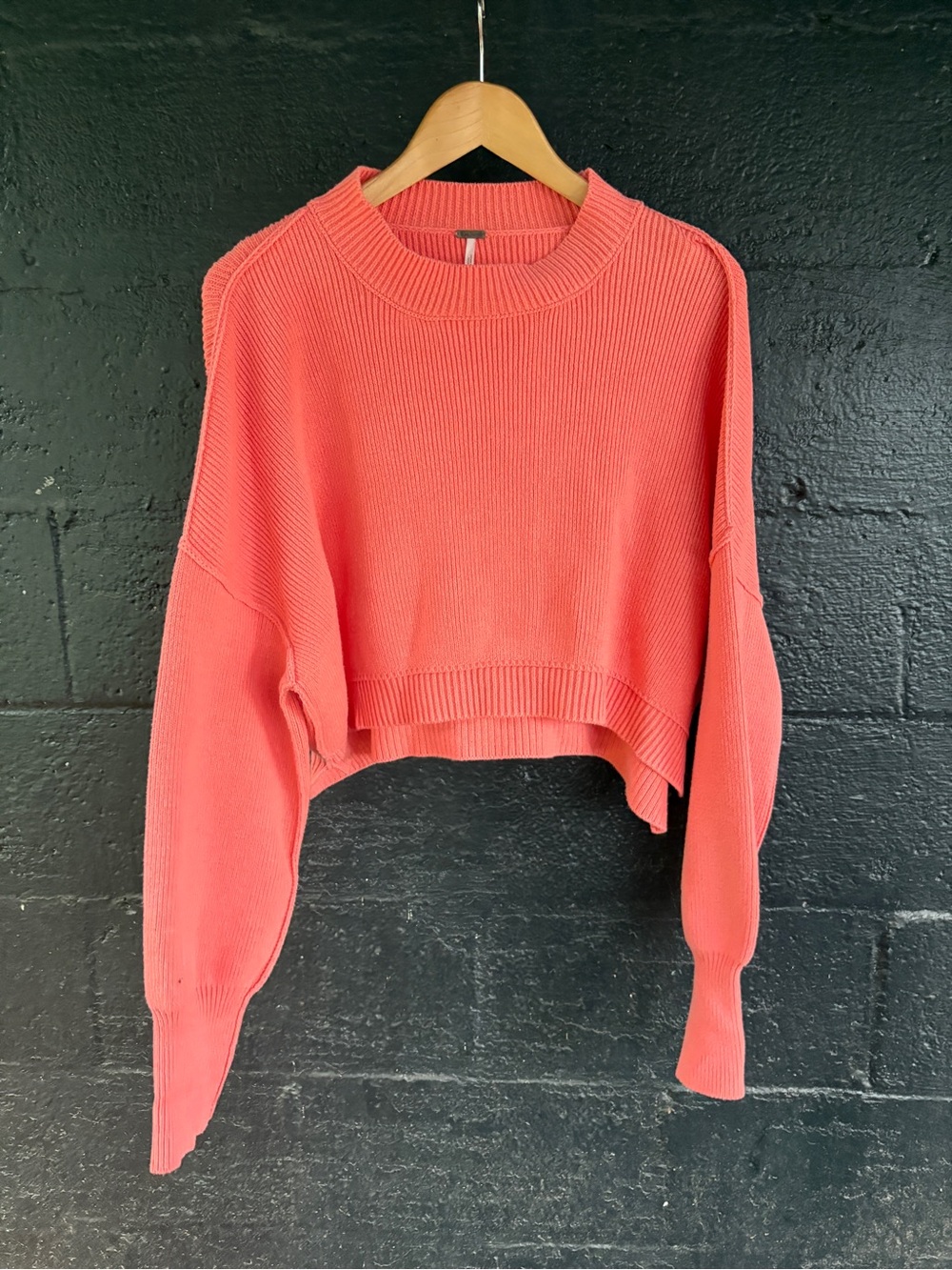 Free People Cropped Crewneck Sweater in Coral Pink